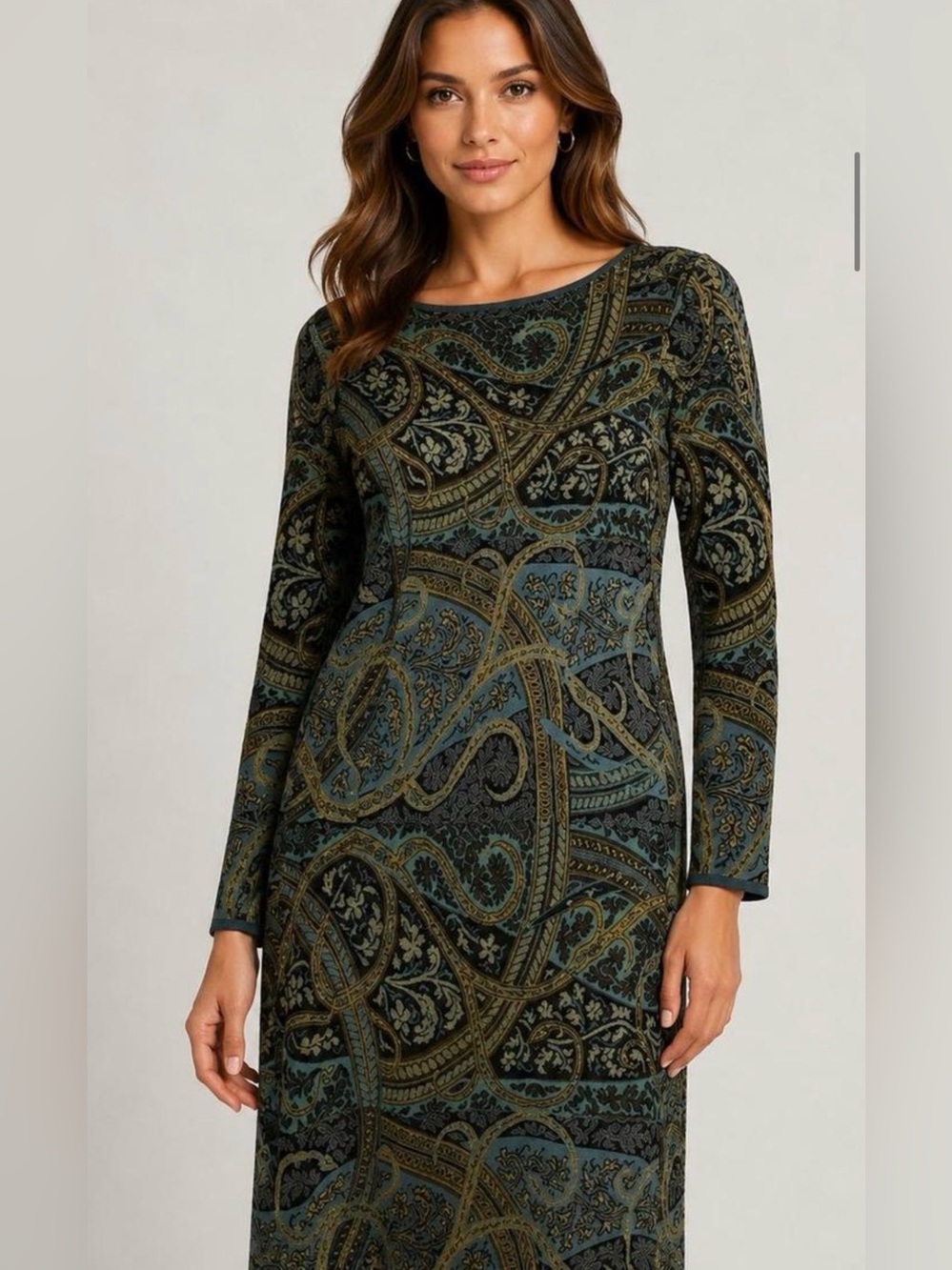 Peruvian Connection Kashmiri Long-Sleeve Paisley Sheath Dress Medium Pima Cotton